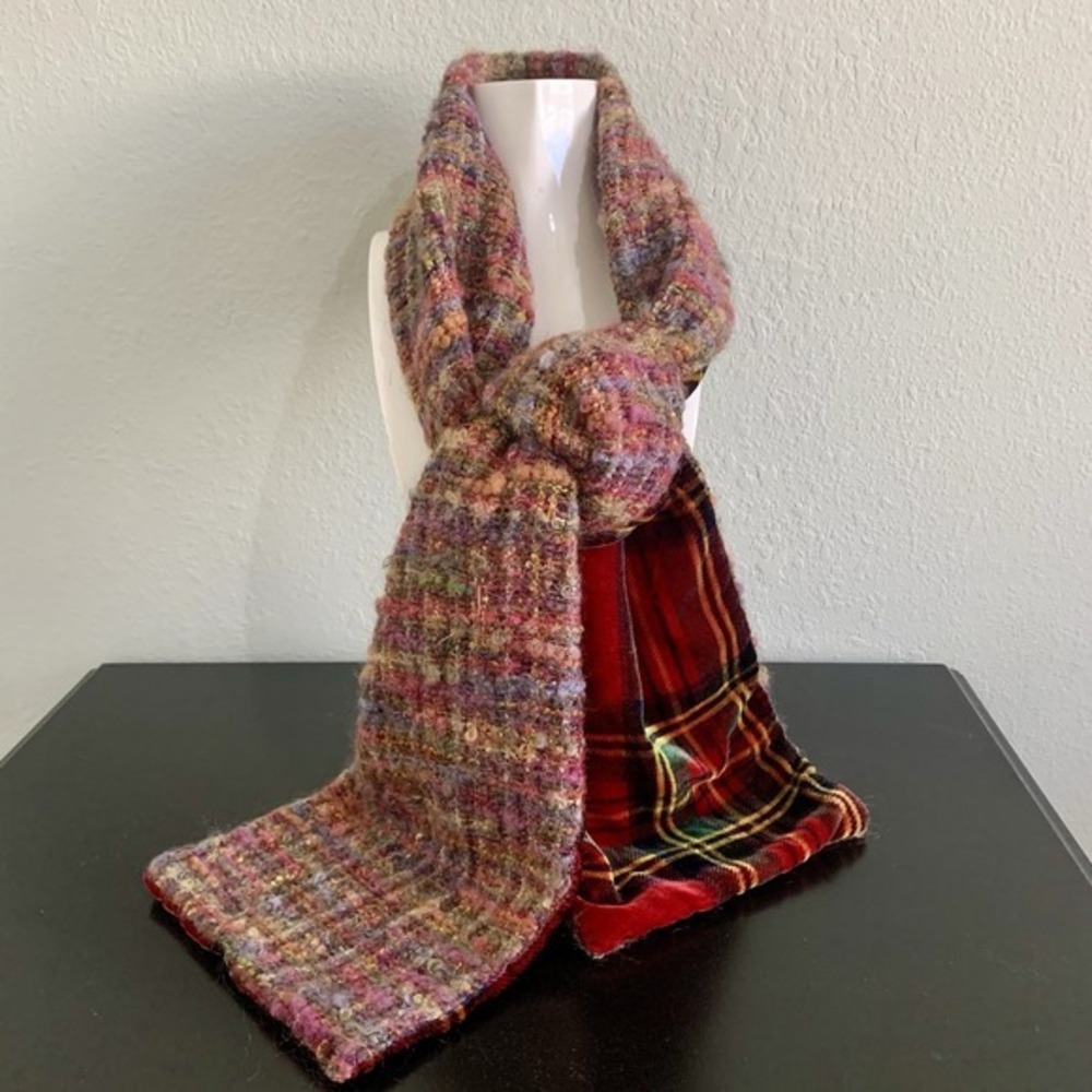 Reversible Italian Scarf Wool Mohair Blend Plaid Red Multicolor Velvet Boucle